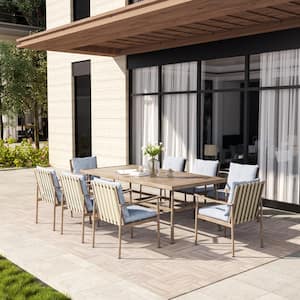 Sleek Line 9-Piece Aluminum Rectangular Outdoor Dining Set with Blue Cushions
