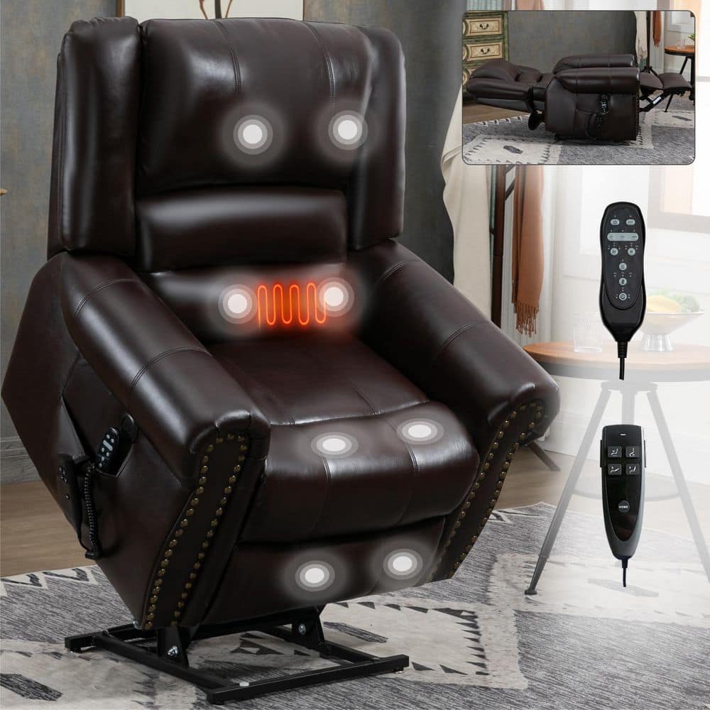 Brown Dual Motor Faux Leather Power Lift Recliner Heat Massage, Heavy Duty 