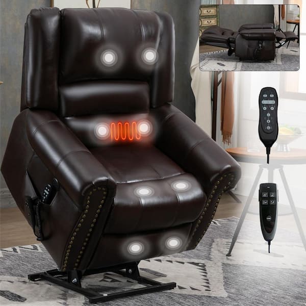 Brown Dual Motor Faux Leather Power Lift Recliner Heat Massage, Heavy Duty Motion Mechanism with USB Ports