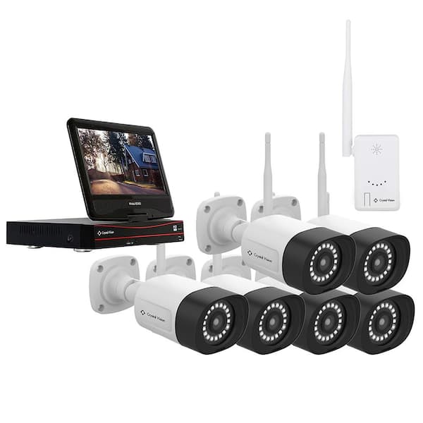 Crystal Vision 8 CH Wireless NVR Kit with 10.1 in. and 2TB HDD and Camera Range Extender (6x 3MP Floodlight Audio Panic Siren Camera)