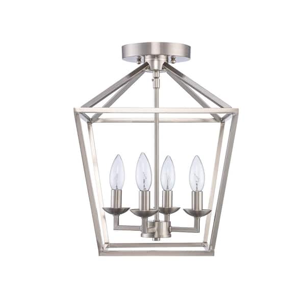 Home Decorators Collection Weyburn 16.5 in. 4-Light Brushed Nickel Farmhouse Semi-Flush Mount Ceiling Light Fixture with Caged Metal Shade