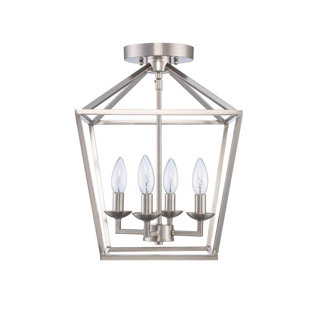 Home Decorators Collection Weyburn 16.5 in. 4-Light Brushed Nickel Lantern Semi-Flush Mount, Farmhouse Ceiling Light