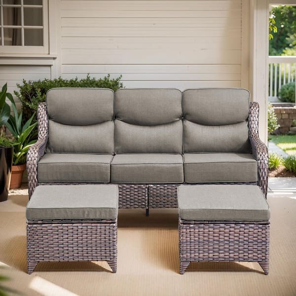 Arcadia 3-Piece Brown Wicker Outdoor 3-Seat Couch with High Curved Back and 6 in. Thick Gray Cushions and Ottomans