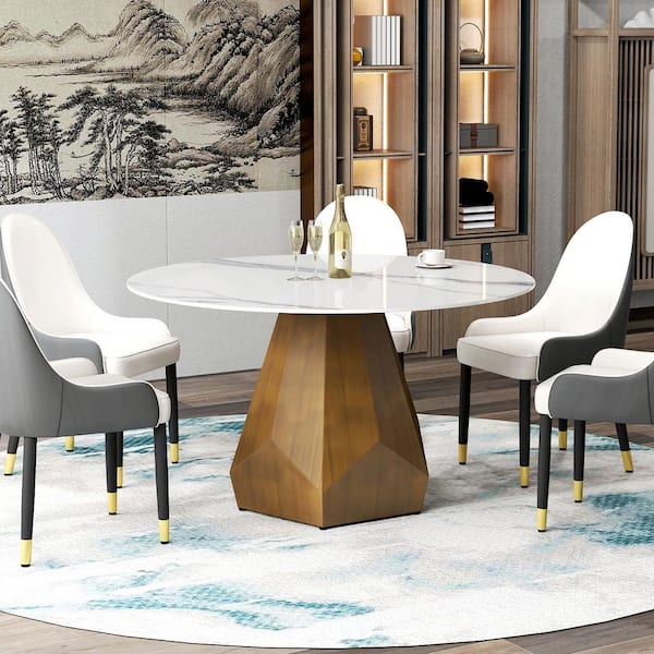 59 in. White Circular Sintered Stone Tabletop Bronze Pedestal Base Kitchen Dining Table (Seats 8)