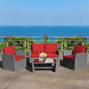 4-Pieces Wicker Patio Conversation Set Sofa Table with Storage Shelf and Red Cushion