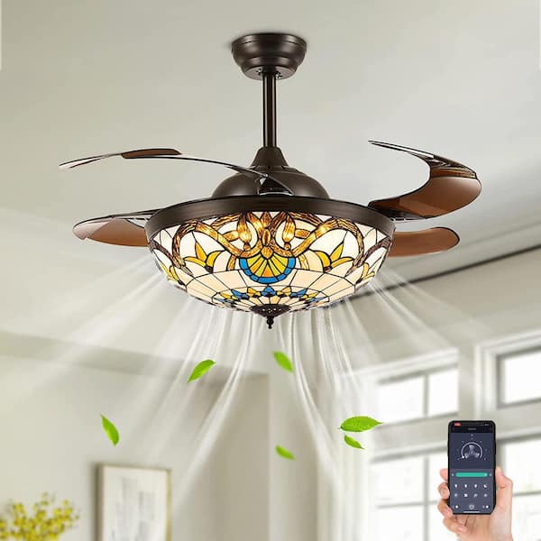 ANTOINE 42 in. Integrated LED Indoor Brown Tiffany Retractable Ceiling Fan with Light and Remote Included