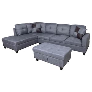 3-Seater Square Arm 3-Piece Microfiber L-Shaped Sectional Sofa in Dark Gray with Ottoman