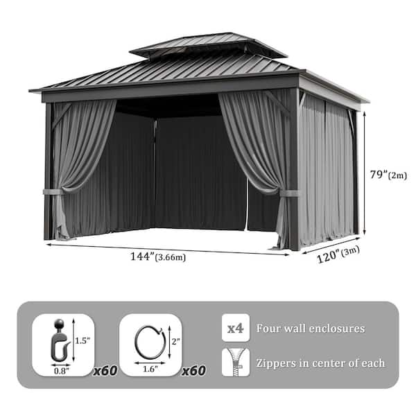 10 ft. x 12 ft. Universal Outdoor Privacy Curtains, Gazebo Replacement with Zipper Grey (4-Side Curtain Only)