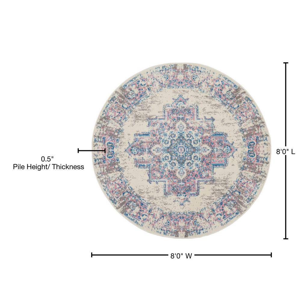 Elegant Medallion Hand-Knotted Round Rug in Ivory and Pink