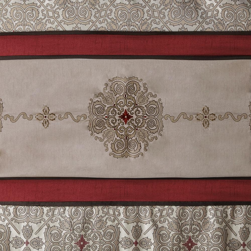 Beige and Red Embroidered Floral Shower Curtain