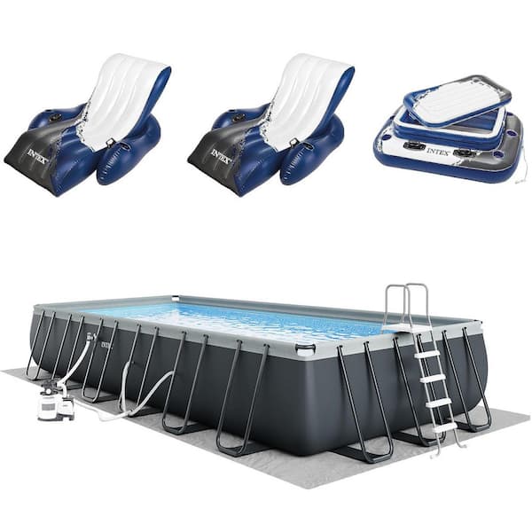 Rectangular Swimming Pool Set with 2 Inflatable Loungers and Floating Cooler