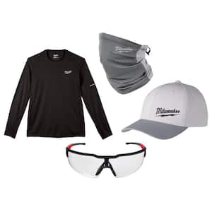 Men's WORKSKIN Small Black Long Sleeve T-Shirt with Small/Medium Gray WORKSKIN Hat, Gray Gaiter and Clear Safety Glasses