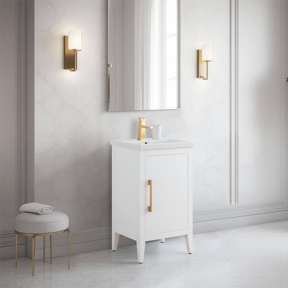 White and Golden Brushed Single Bathroom Vanity with Ceramic Top