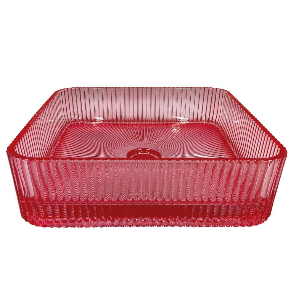 15" Red Rose Ribbed Glass Square Vessel Sink