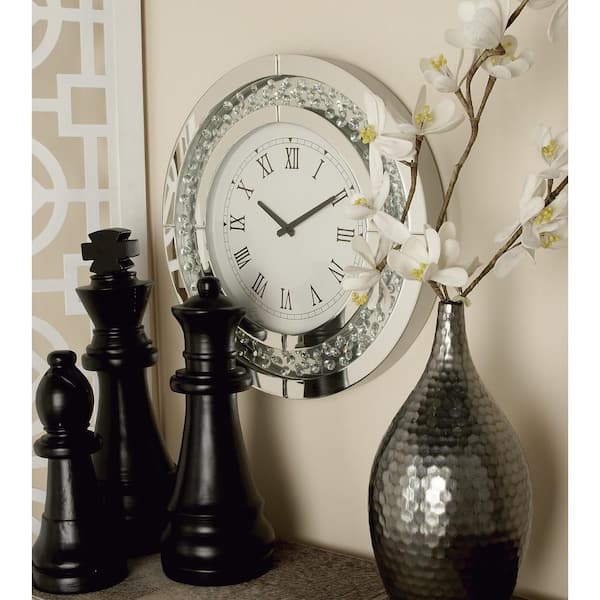 Litton Lane White Glass Mirrored Wall Clock with Floating Crystals