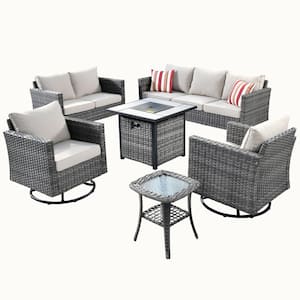 Michigan 6-Piece Wicker Outdoor Patio Fire Pit Seating Sofa Set and with Beige Cushions and Swivel Rocking Chairs