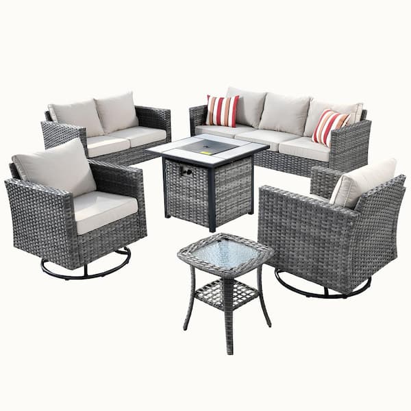 Michigan 6-Piece Wicker Outdoor Patio Fire Pit Seating Sofa Set and with Beige Cushions and Swivel Rocking Chairs