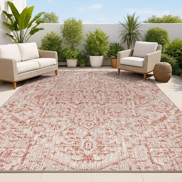 Estrella Bohemian Medallion Textured Weave Red/Taupe 9 ft. x 12 ft. Indoor/Outdoor Area Rug