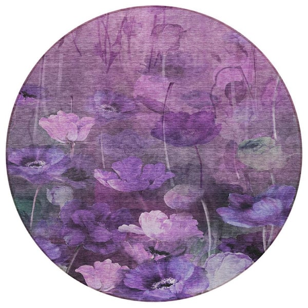 Purple, Eggplant, Lavender 8 ft. Round Woven Floral Polyester Round Indoor/Outdoor Area Rug
