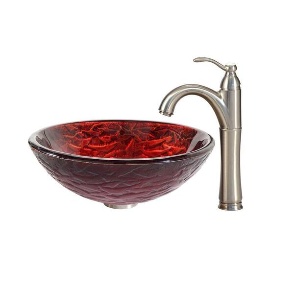 KRAUS Nix Glass Vessel Sink in Red with Riviera Faucet in Satin Nickel
