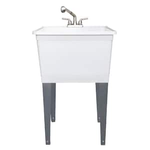 24.50 in. D x 22.5 in. W Freestanding Thermoplastic White 21 gal. Utility Tub with Grey Legs and Chrome Pullout Faucet