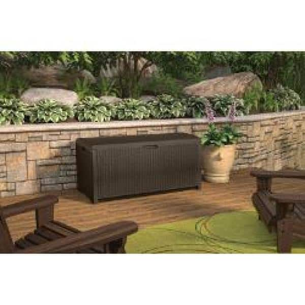 Rubbermaid Patio Chic Resin Weather Resistant Outdoor Storage Deck Box, 123  Gal., Black Oak Rattan Wicker Basket Weave & Suncast 99 Gallon Resin