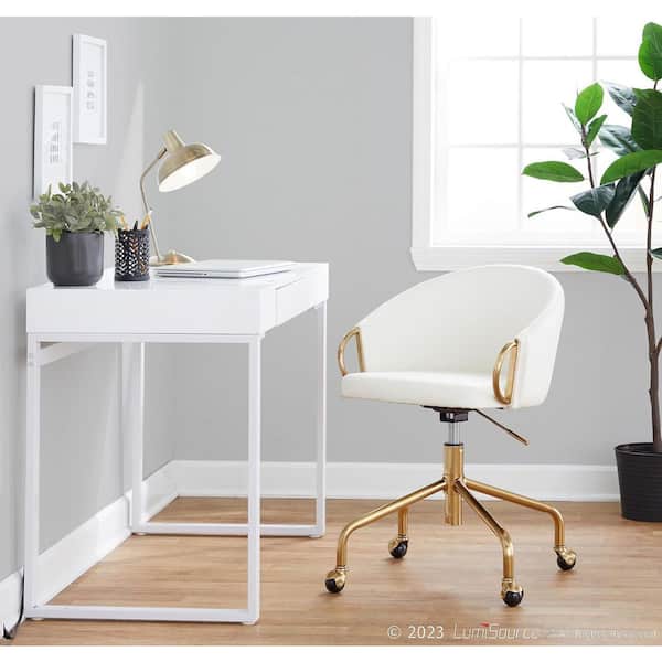 Faux Leather Contemporary Task Chair Gold Metal in White