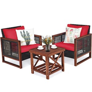 3-Pieces Wicker Outdoor Patio Conversation Set with Wooden Frame and Red Cushions