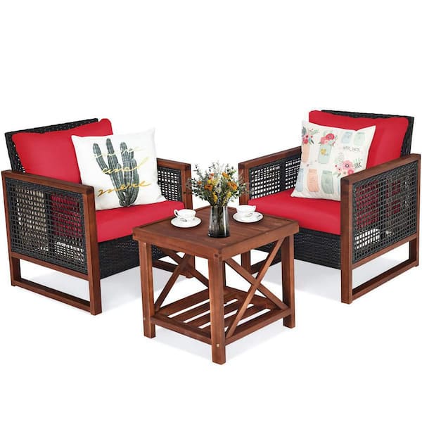 Alpulon 3-Pieces Wicker Outdoor Patio Conversation Set with Wooden Frame and Red Cushions