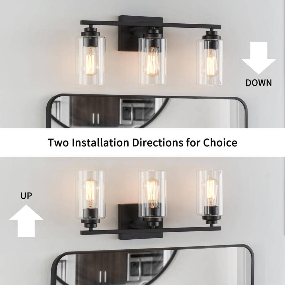 Black 3-Light Modern Cylinder Vanity Light with Glass Shades