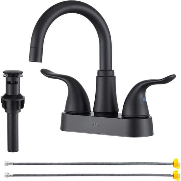 Lukvuzo Non Metallic 4 in. Centerest Double Handle High Arc Bathroom Faucet with Pop Up Drain Water Supply Hoses in Matt Black