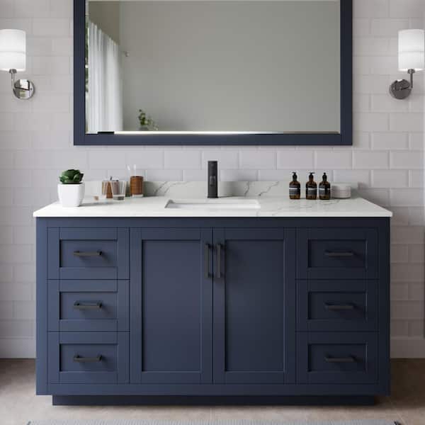 Wyndham Collection Miranda 60 in. W x 22 in. D x 33.75 in. H Single Bath Vanity in Dark Blue with Giotto Quartz Top and 58 in. Mirror