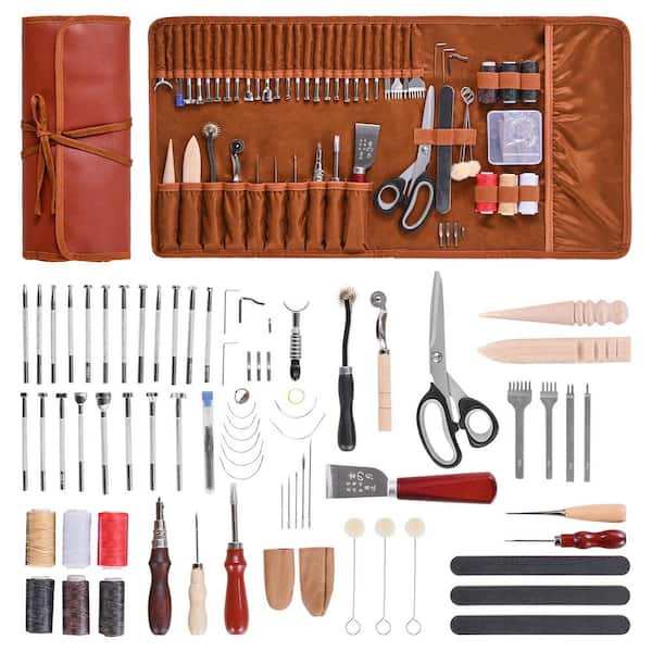 Leather Working Tools Kit, 72 PCS with Portable Leather Storage Bag, Engraving Punching Sewing Stamping Sanding Tools