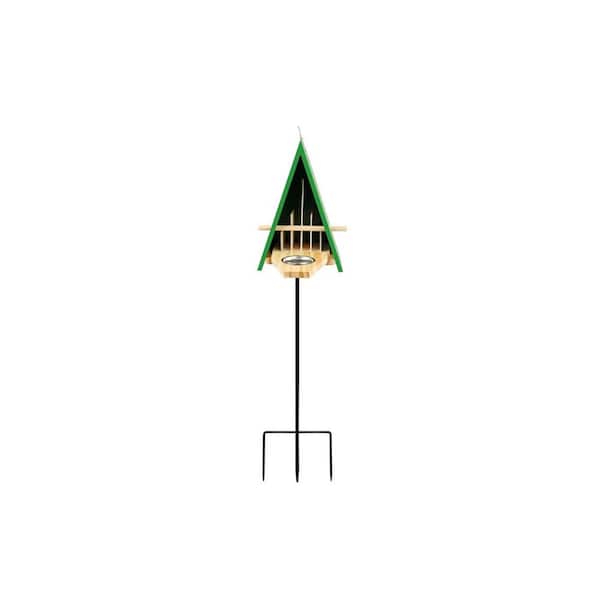 New butterfly house and feeder outdoors, wooden butterfly house with metal stakes for garden use