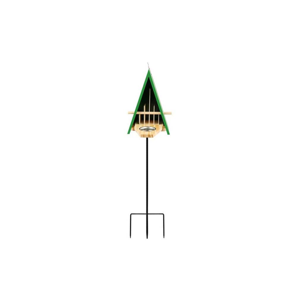New butterfly house and feeder outdoors, wooden butterfly house with metal stakes for garden use