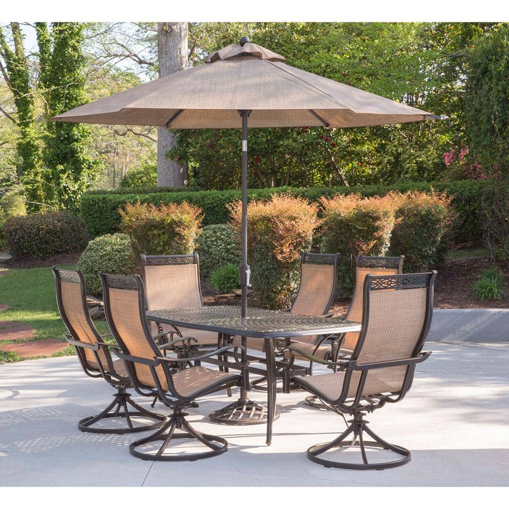 Tan and Bronze 7-Piece Outdoor Dining Set with Swivel Rockers