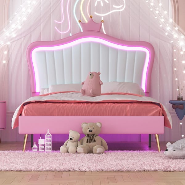 Harper & Bright Designs Pink Wood Frame Full Size PU Leather Upholstered Platform Bed with Princess Crown Headboard, LED Lights, Metal Legs