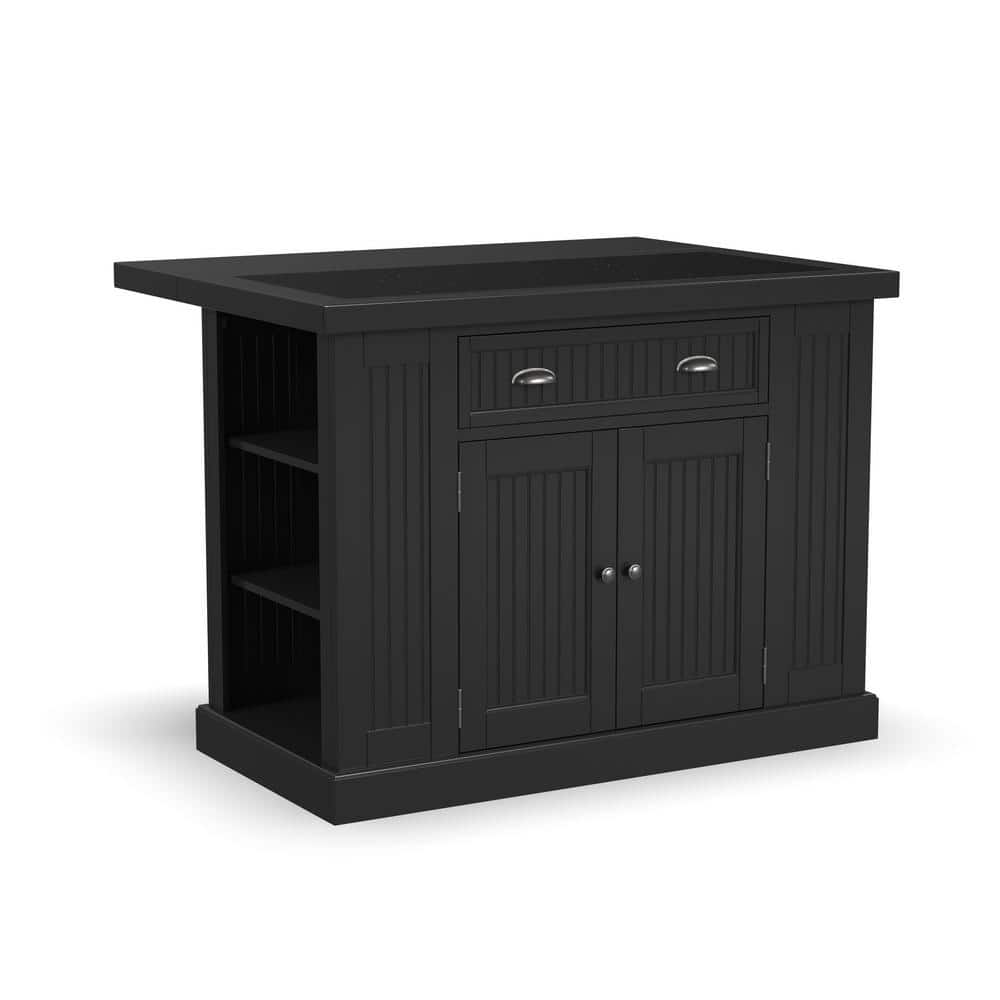Nantucket 48" Distressed Black Wood Kitchen Island with Granite Top