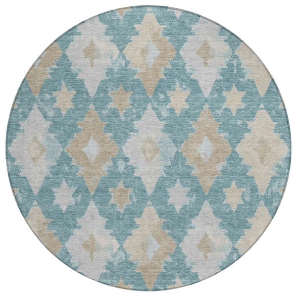 Chantille Machine Washable Indoor/Outdoor Abstract ACN3062 Teal 8 ft. x 8 ft. Round Rug
