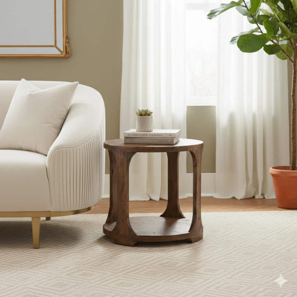 Eray 25.5 in. Almond Barrel Brown Round Mango Wood Side End Table with 1 Shelf