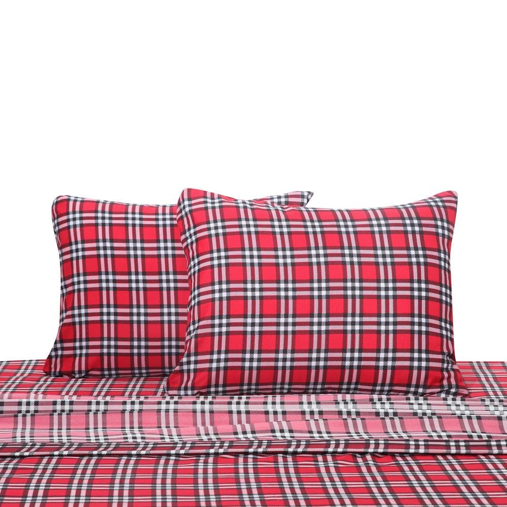 Red Plaid Queen Polyester Microfiber 4-Piece Sheet Set