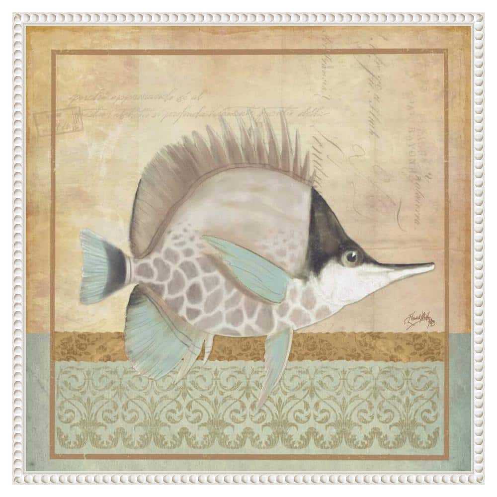 Vintage Fish IV Coastal Canvas Wall Art in White Frame