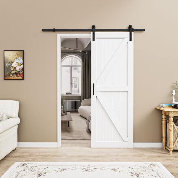 ARK DESIGN 30 in. x 84 in. Paneled Off White Primed MDF British K Shape MDF Sliding Barn Door with Hardware Kit and Soft Close