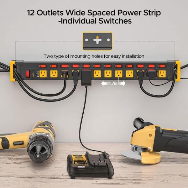 EKIEUDL - 12-Outlet Power Strip Surge Protector with 9 ft. Cord Metal and Individual Switches in Yellow