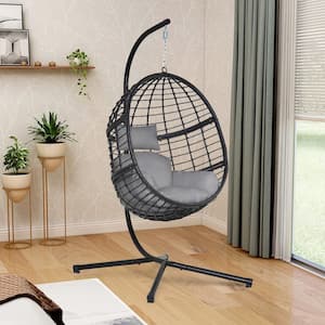 Black 78 in. Wicker Outdoor Basket Swing Chair with Stand and Grey Cushion