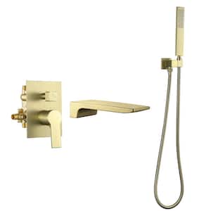 Single-Handle Wall Mount RomanTub Faucet with Hand Shower in Brushed Gold (Valve Included)