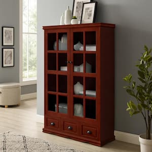 Walnut Finish Display Cabinet with Tempered Glass Doors, Moveable Shelves and Storage Drawers