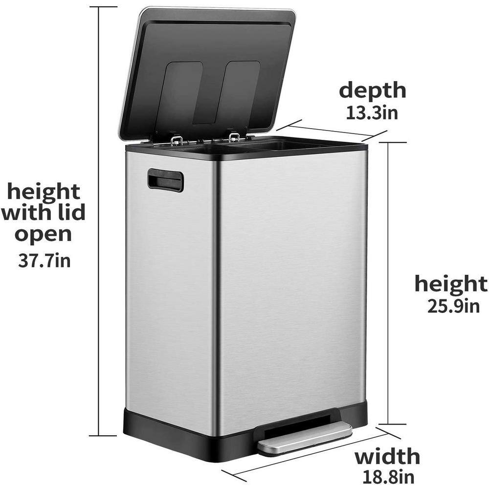 Stainless Steel Dual Compartment Step Trash Can with Soft Close Lid