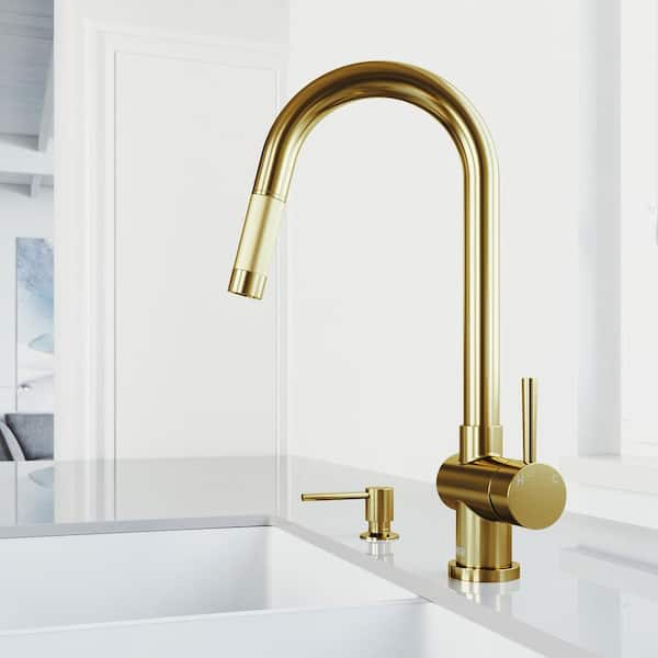 VIGO Gramercy Single Handle Pull-Down Spout Kitchen Faucet Set with Soap Dispenser in Matte Brushed Gold