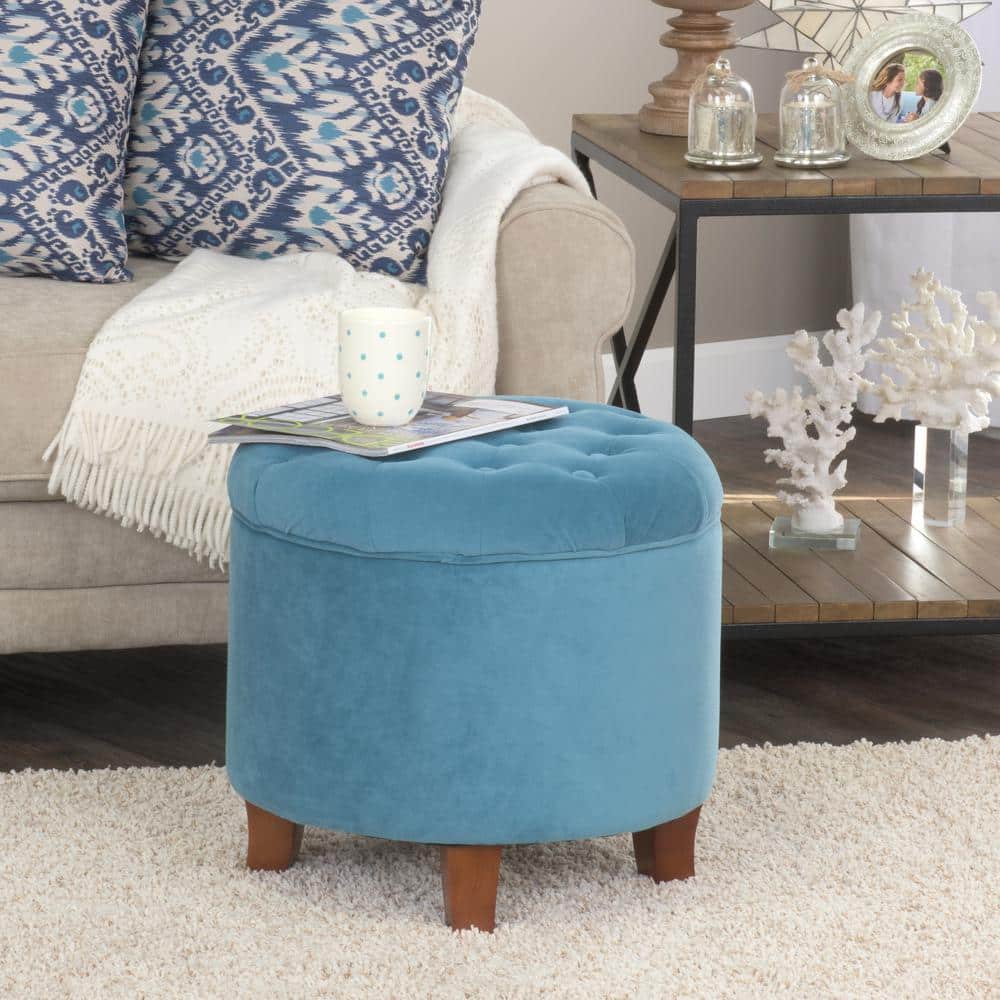 Teal Velvet Tufted Round Ottoman with Rustic Wood Legs